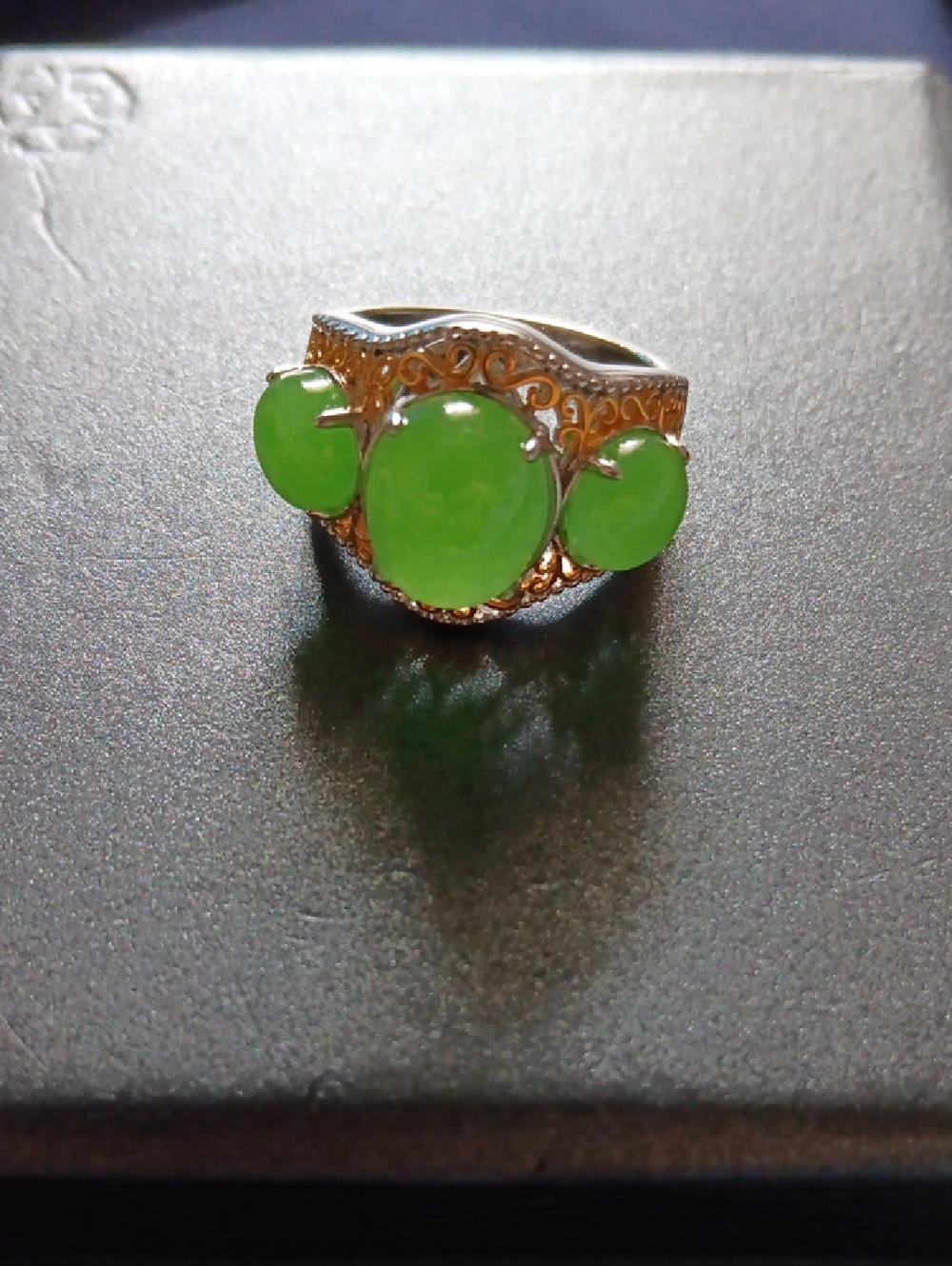 Green Jade (D) 8.70 ctw 3 Stone Ring in 18K Vermeil YG and Rhodium Over Sterling